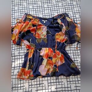 Maurices Size Small Floral Chiffon Blouse - Navy and Orange